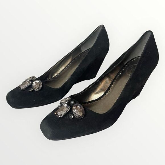 JESSICA SIMPSON Black Velour Wedge w/ Rhinestones‎ Gems, Size 9 - Picture 1 of 9